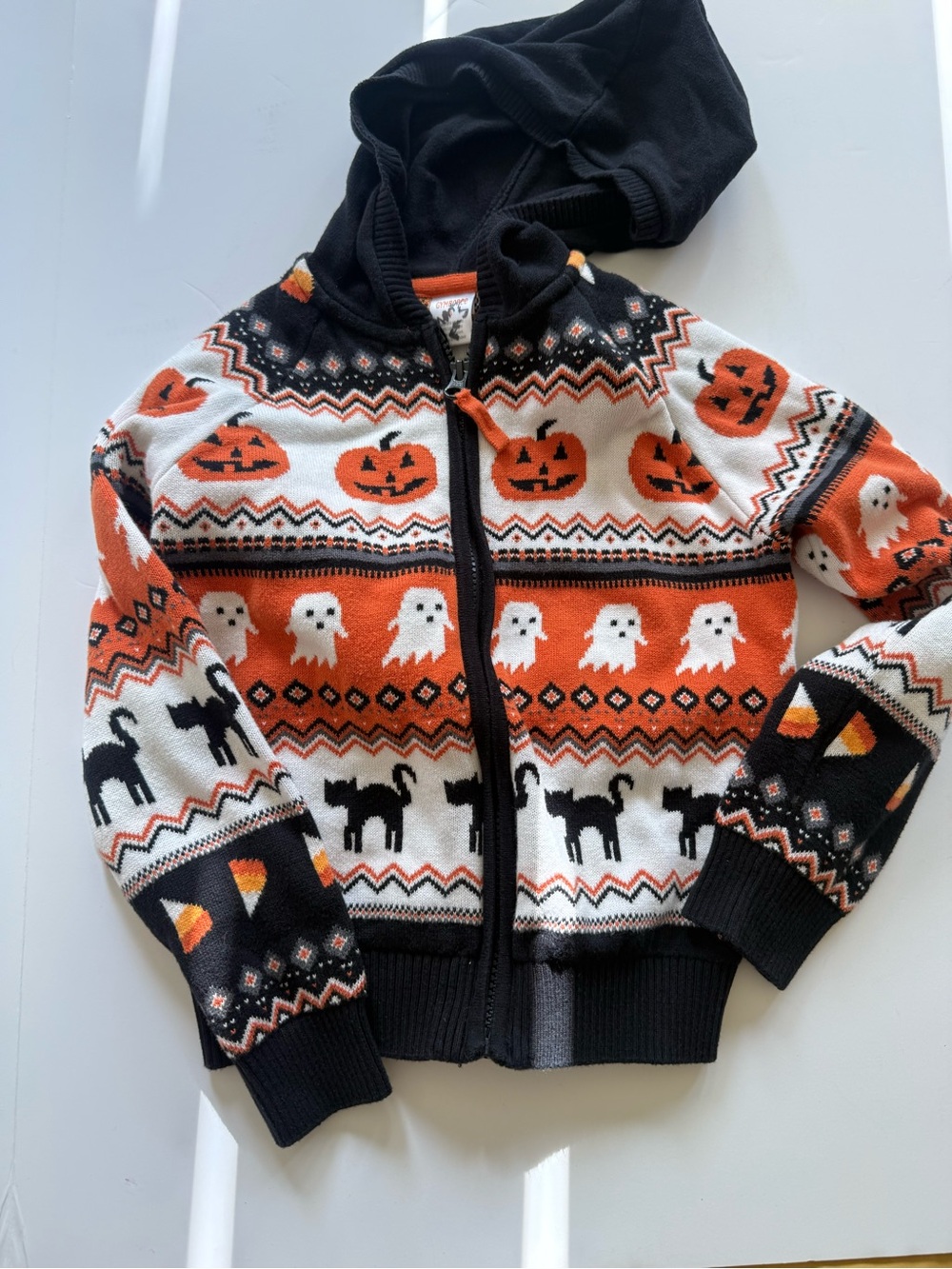 Gymboree Kids Halloween Hooded Zip Sweater - Orange, Black & White 6